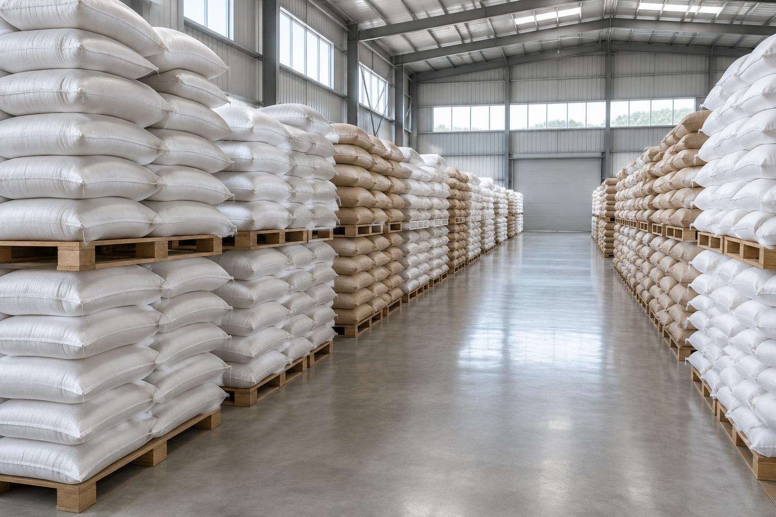 Warehouse stocked with bagged grains and food ingredients on pallets