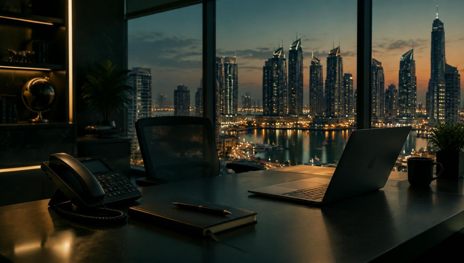 Trading desk overlooking the Dubai skyline at dusk