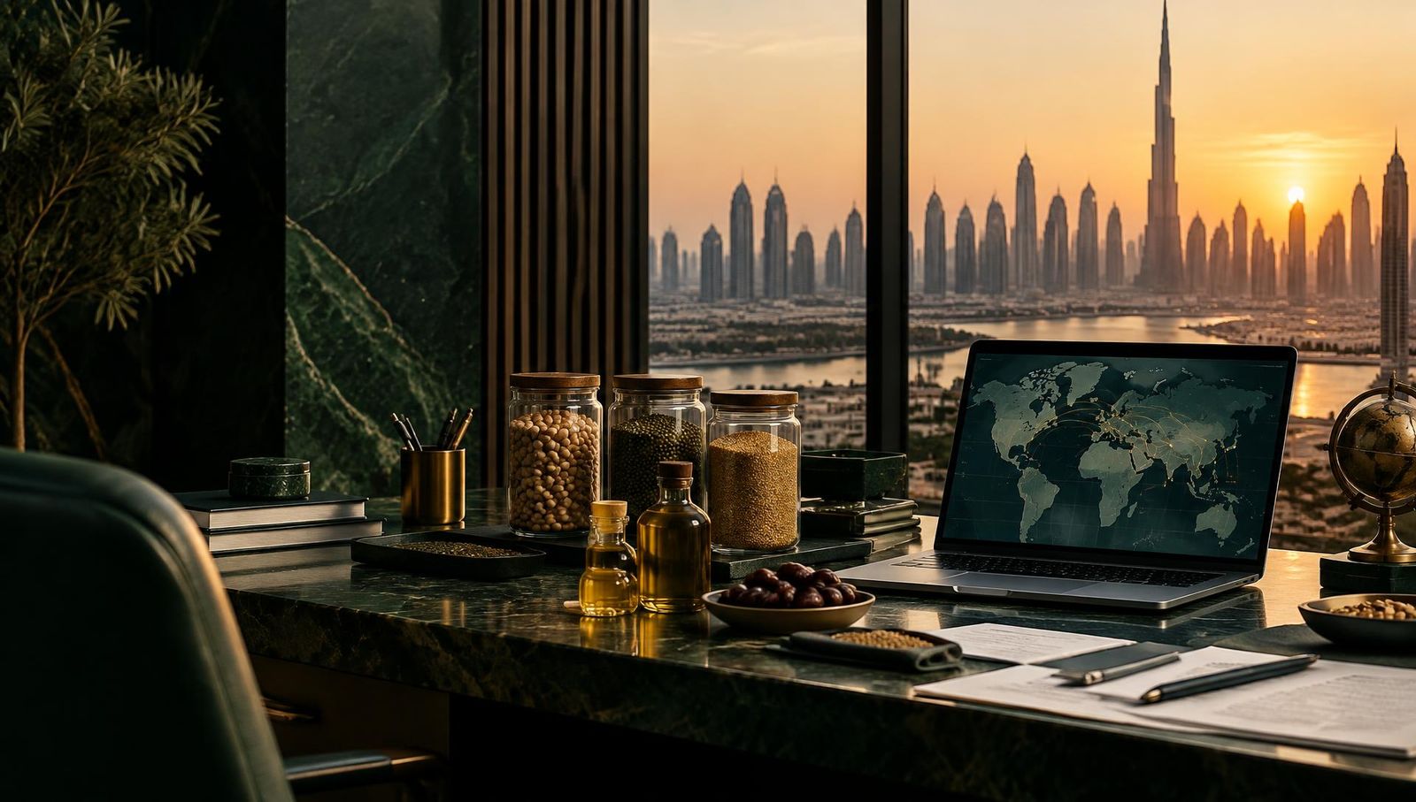 Trading desk with commodity samples overlooking the Dubai skyline
