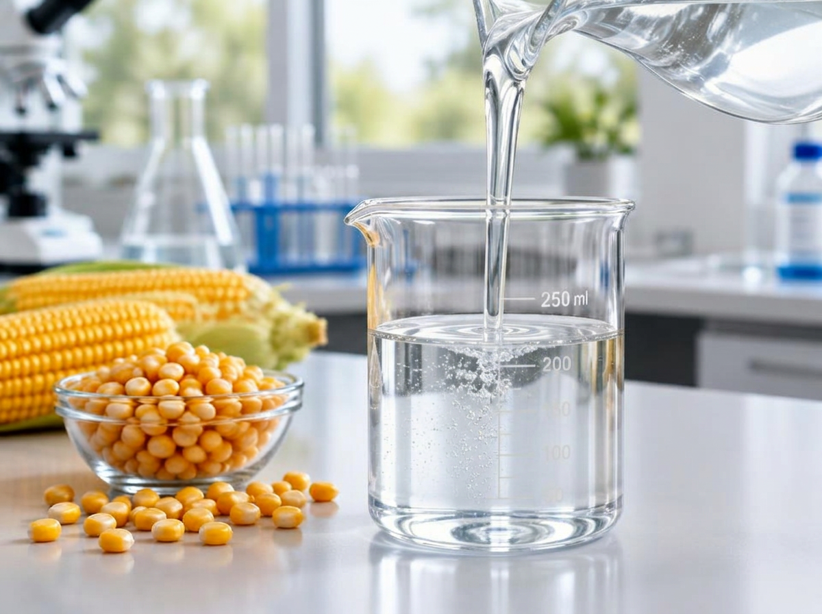 Clear high-fructose corn syrup poured into a glass beaker beside corn kernels