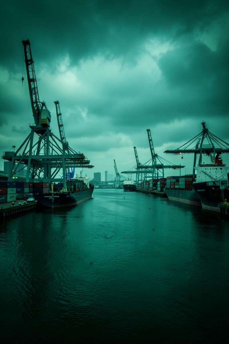 European industrial port with cargo ships and cranes